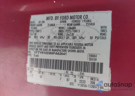 2009 Ford Ranger Sport/Xl/Xlt z USA, uszkodzony, nr VIN 1FTYR10D89PA62641